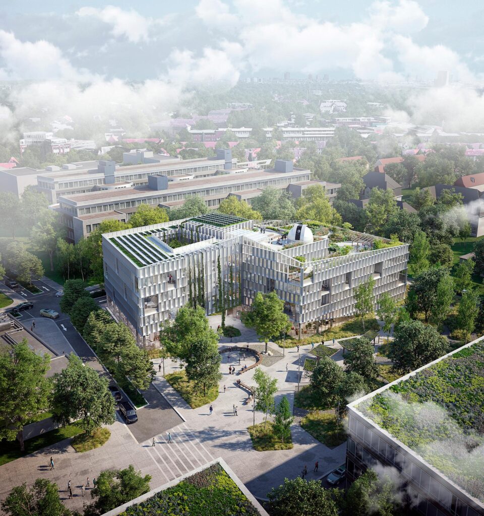 Modern building in an urban area surrounded by green trees and neighbor buildings